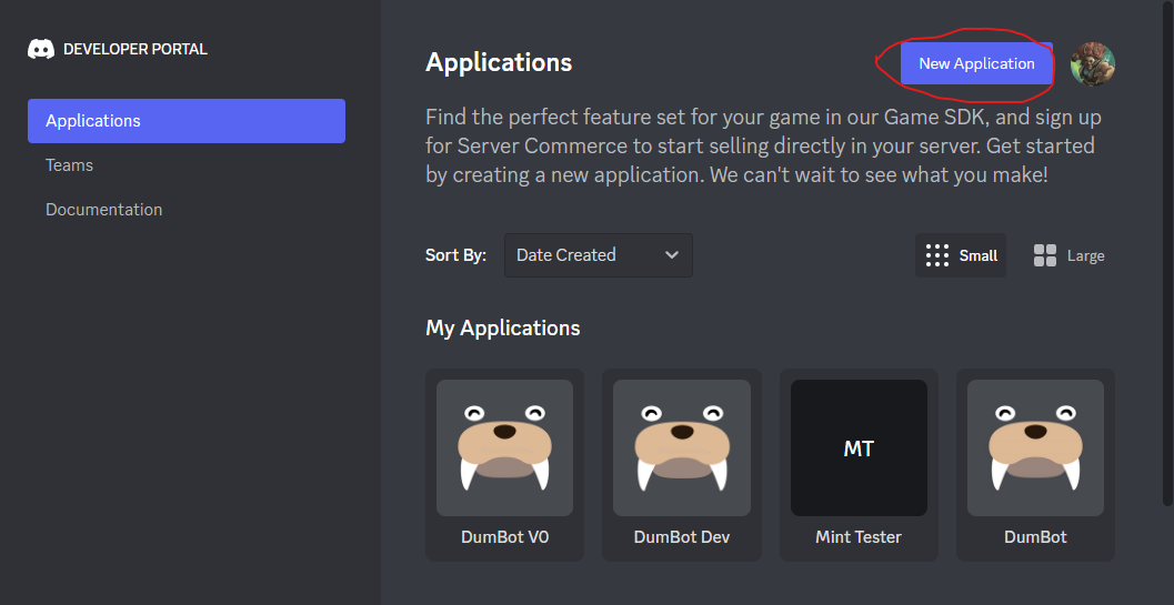 dev portal applications tab