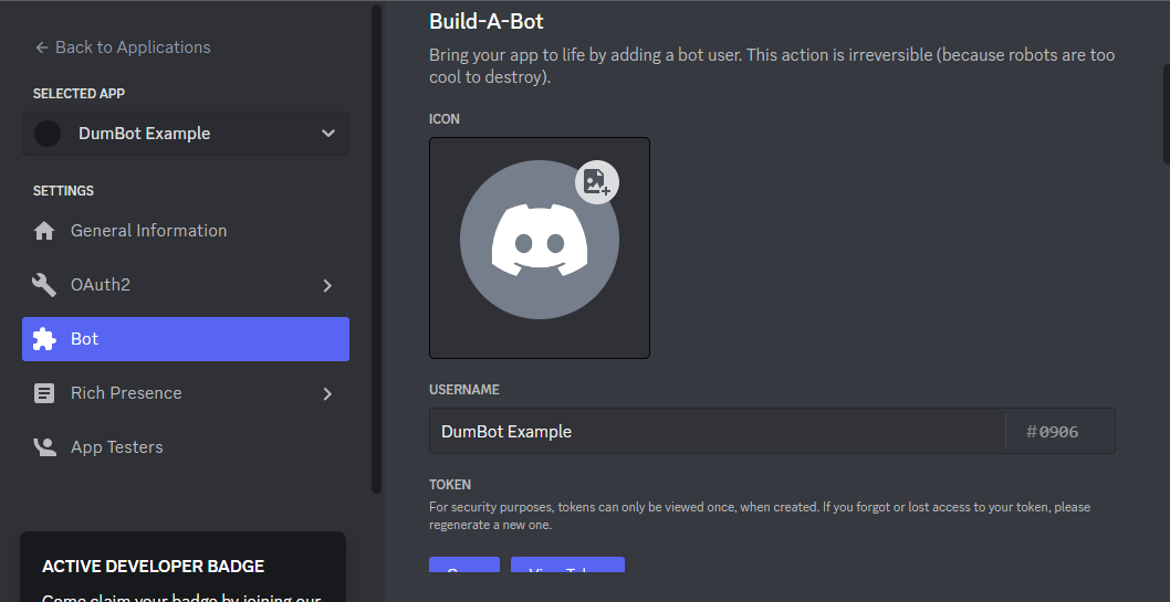 example of what creating the bot looks like