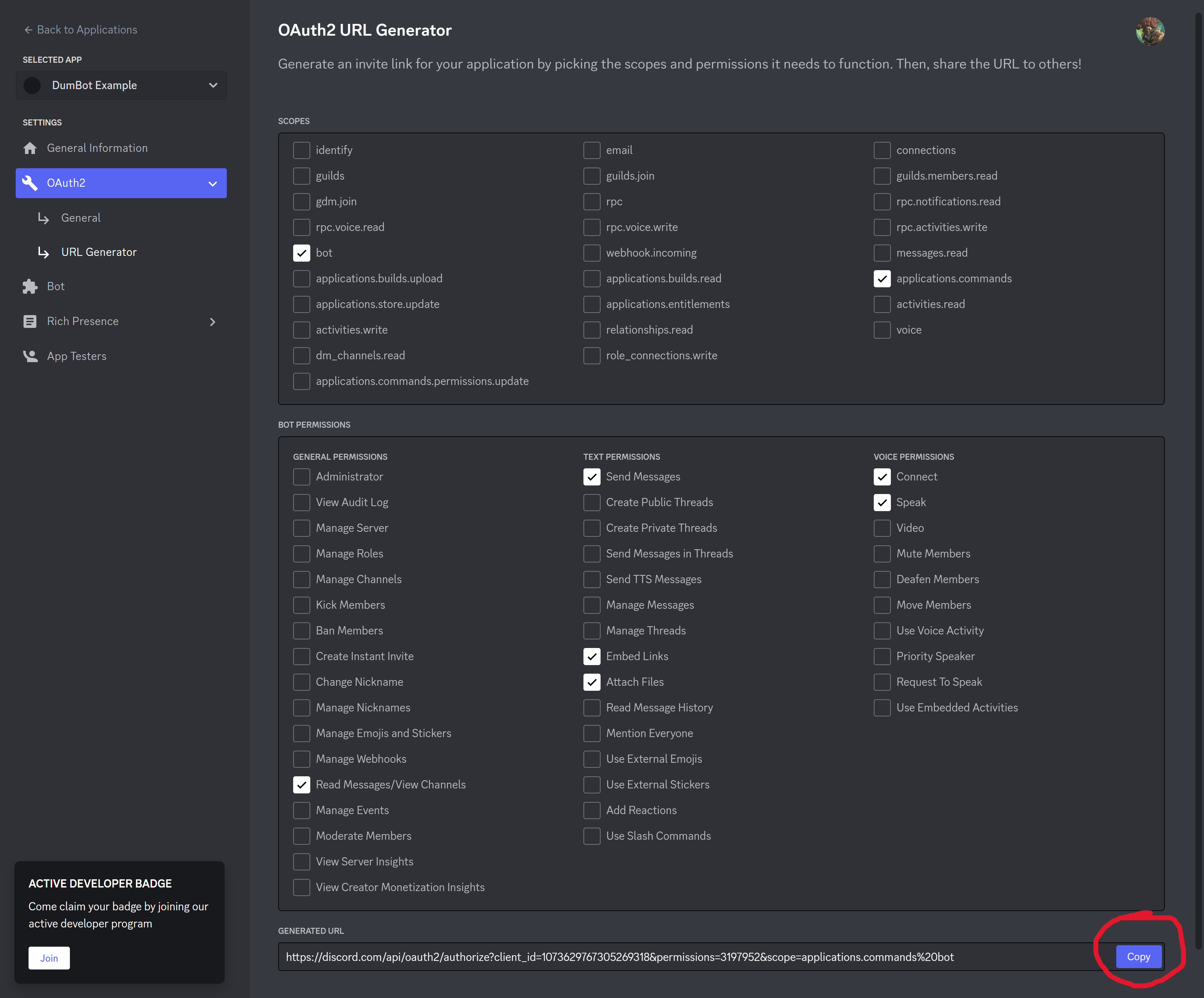 example of turned on commands to make the url