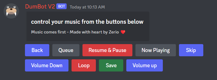 example of the music controller showing back, queue, resume & pause, now playing, skip, volume down, loop, save, and volume up