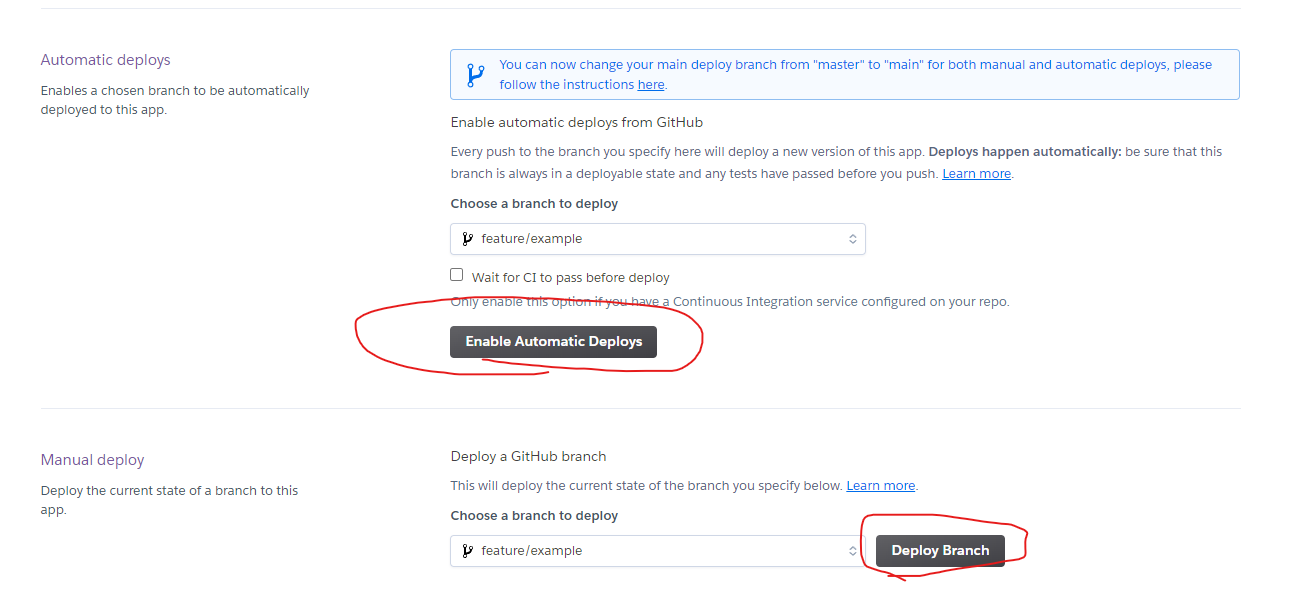 example heroku auto deploy and deploy branch
